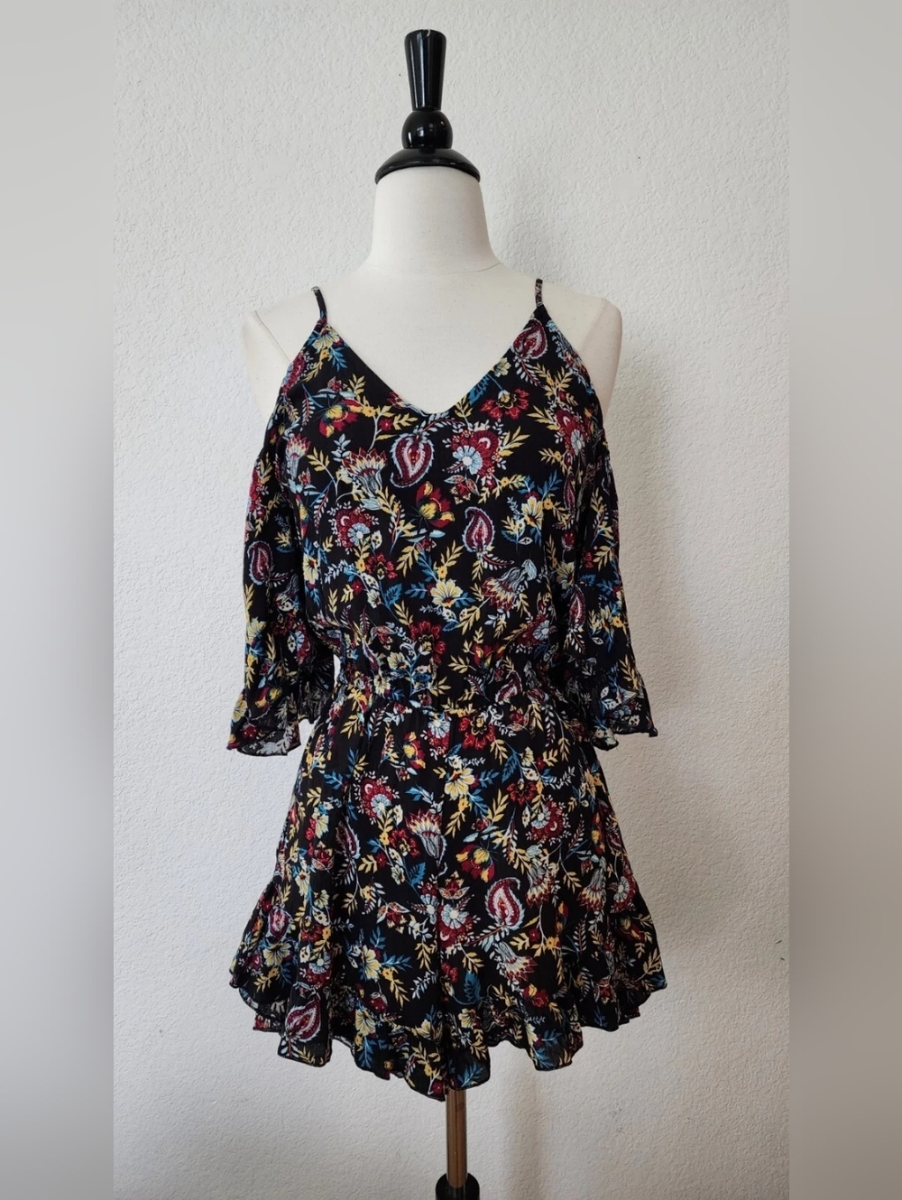 Black Floral Cold-Shoulder Dress